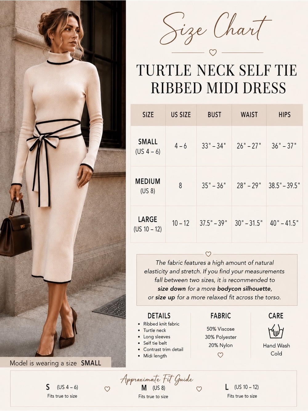 Beige Ribbed Contrast Trim Turtleneck Self Tie  Sweater Dress - Picture 6 of 6